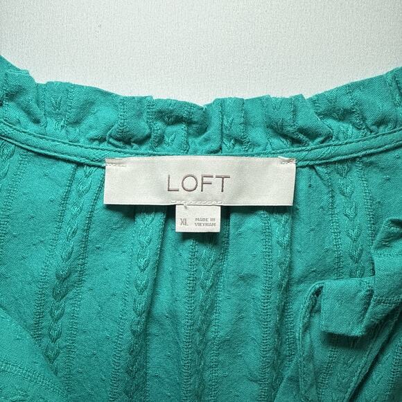 Ann Taylor LOFT Geometric Tiered Ruffle Short Sleeve Teal Embroidered XL Dress - Picture 2 of 12